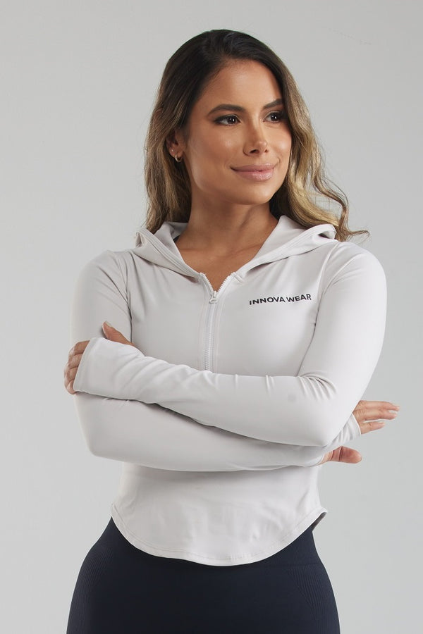 Fitted Half-Zip Hoodie with Thumb Holes - WHITE